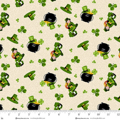 Pattern of leprechauns and pots of gold on a cream background with shamrocks.