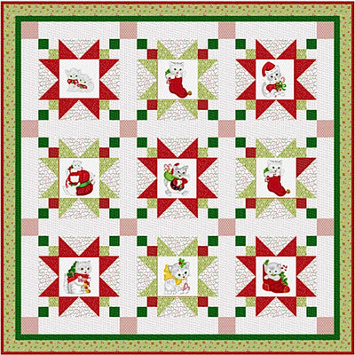 Christmas-themed quilt with red, green, and white star blocks featuring Santa cats and stockings.