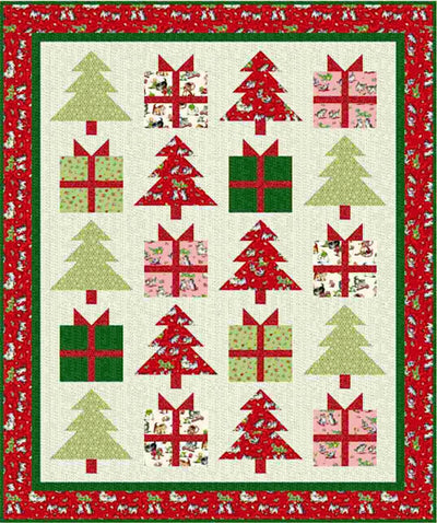 Christmas-themed quilt with tree and gift blocks on a red border